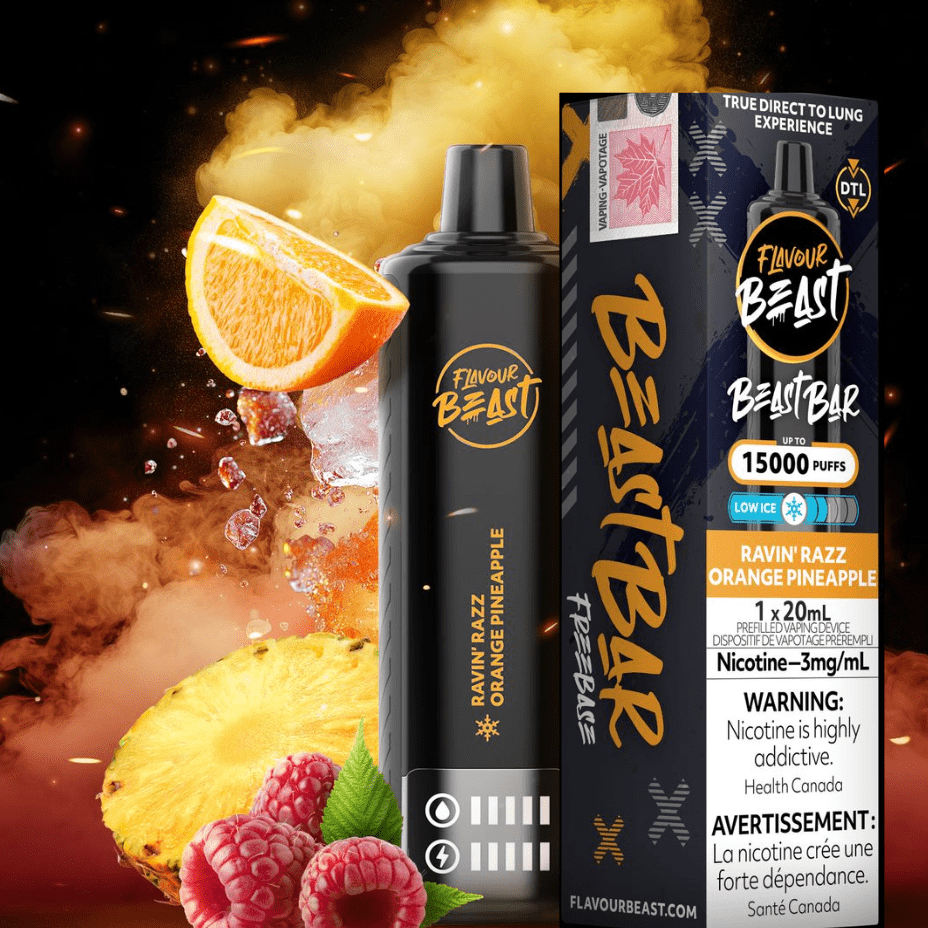 Flavour Beast Beast Bar 15k Disposable Vape-Ravin Razz Orange Pineapple 3mg / 15000 Puffs Winkler Vape SuperStore and Bong Shop Manitoba Canada