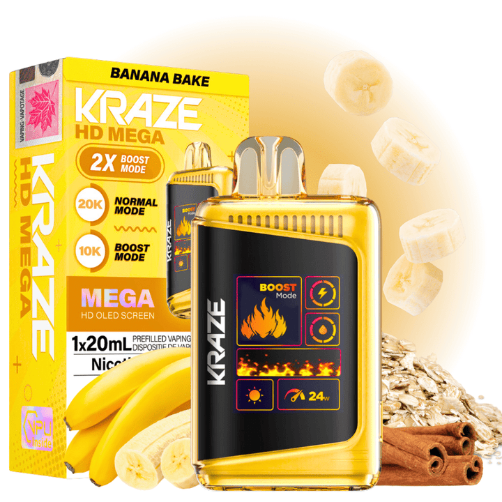 Kraze HD Mega 20k Disposable Vape - Banana Bake 20000 Puffs / 20mg Winkler Vape SuperStore and Bong Shop Manitoba Canada