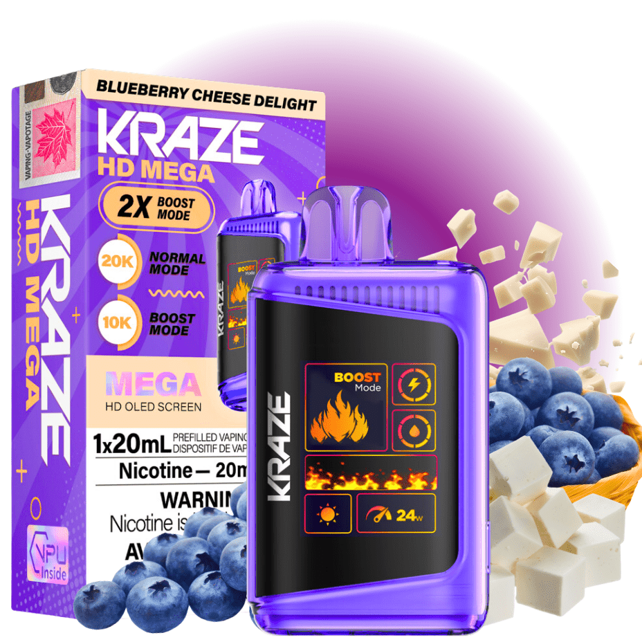 Kraze HD Mega 20k Disposable Vape - Blueberry Cheese Delight 20000 Puffs / 20mg Winkler Vape SuperStore and Bong Shop Manitoba Canada