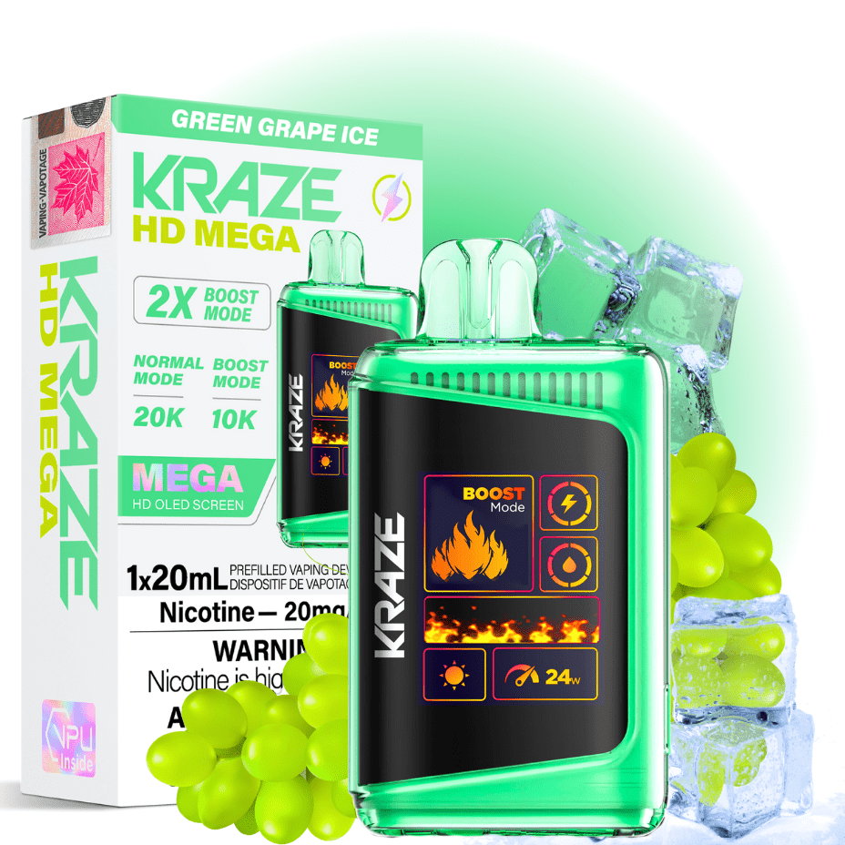 Kraze HD Mega 20k Disposable Vape - Green Grape Ice 20000 Puffs / 20mg Winkler Vape SuperStore and Bong Shop Manitoba Canada