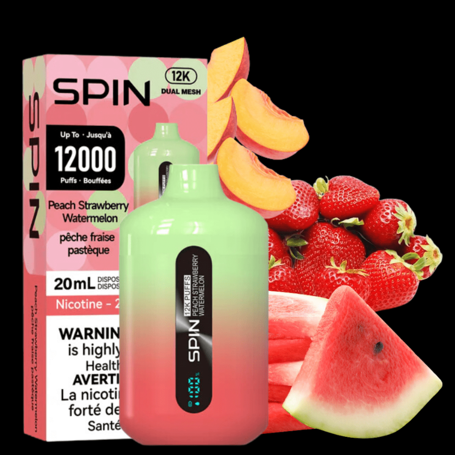 Spin 12,000 Disposable Vape-Peach Strawberry Watermelon 20ml / 20mg Winkler Vape SuperStore and Bong Shop Manitoba Canada